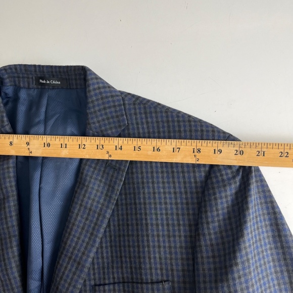 Michael Kors Navy Blue & Charcoal Gingham Check Blazer Suit Jacket Mens 44L Poly - Picture 5 of 10